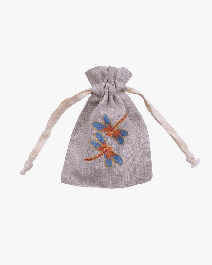 Wooven, Small Drawstring Pouch, Hand Embroidered Linen, Botanicals