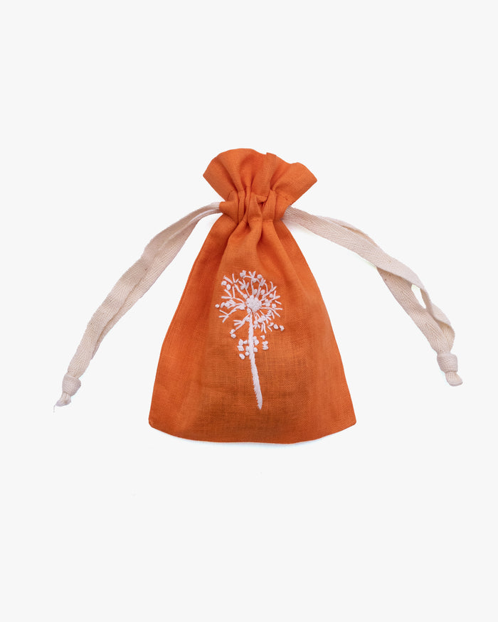 Wooven, Small Drawstring Pouch, Hand Embroidered Linen, Botanicals